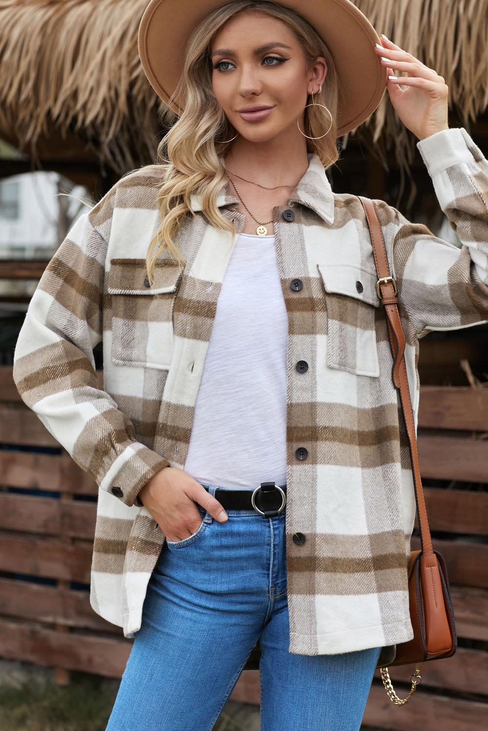 Plaid Dropped Shoulder Pocket Shacket Trendsi