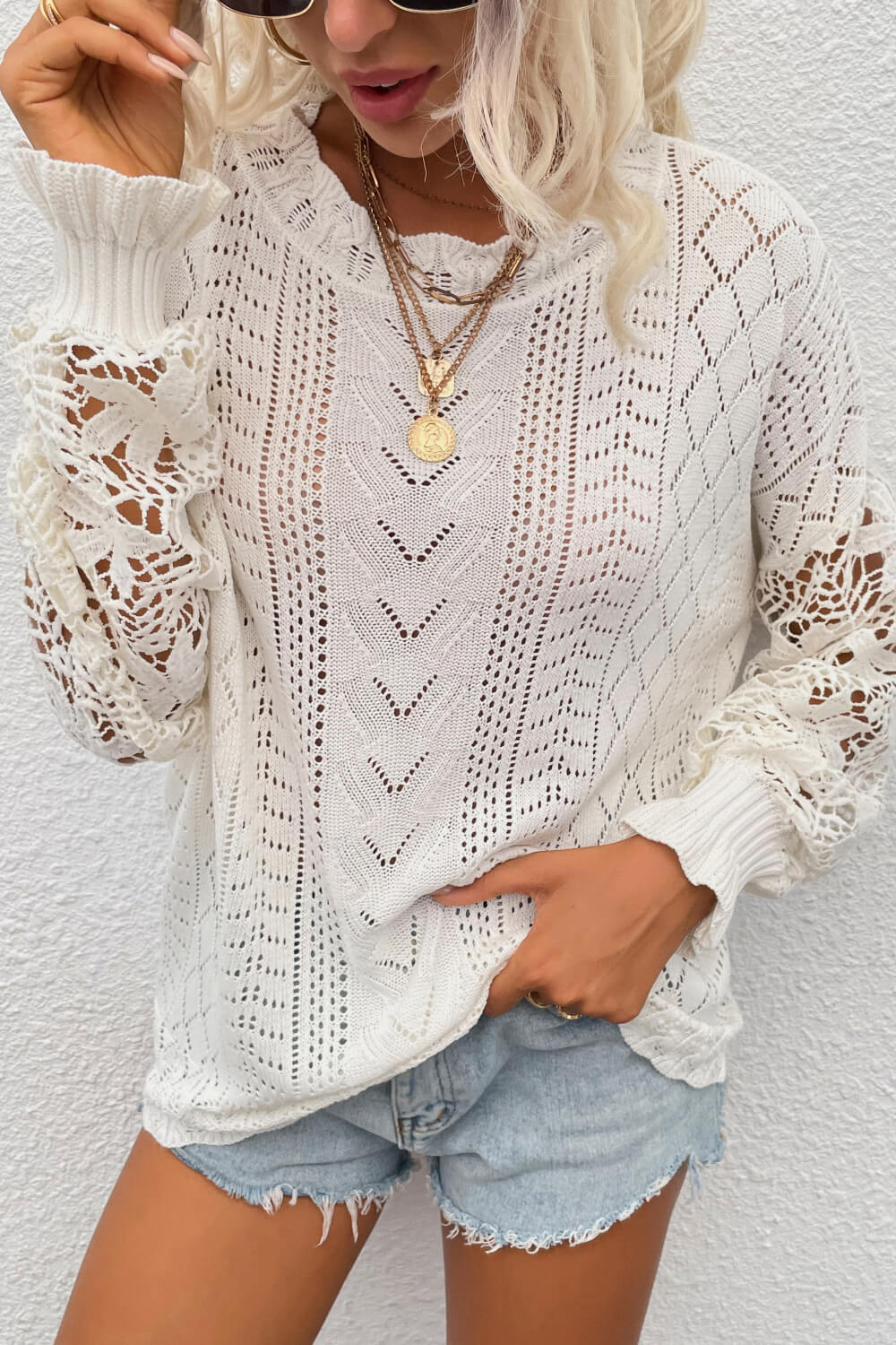 Spliced Lace Crochet Sleeve Sweater Trendsi