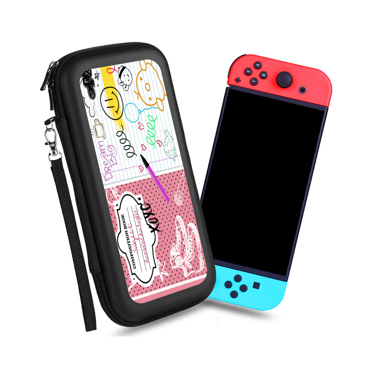 Nintendo Switch Storage Bag (Double-Sided Printing)｜Eva Material - Back to School, Composition Notebook Style, Doodles, Scribbles, Writing, Green, Pink (Designed by Dunbi)