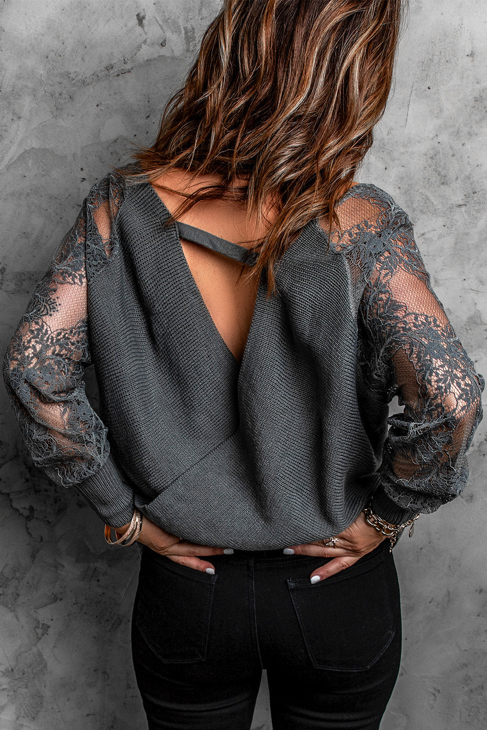 Sexy V Neck Surplice Hollow-Out Sweater With Lace Sleeves Kiwidrop