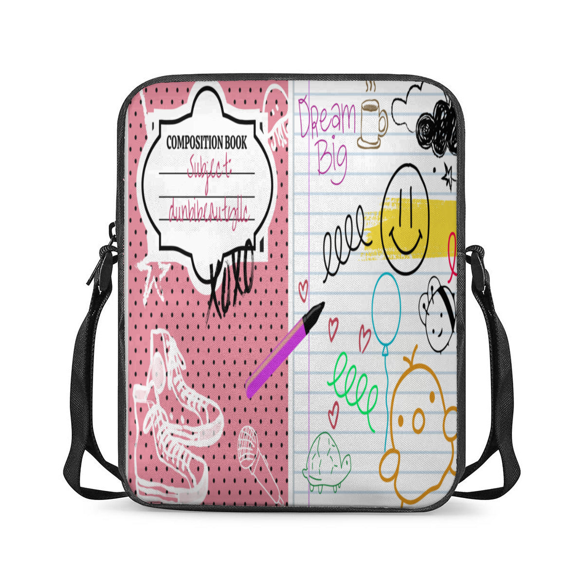 Casual And Versatile Satchel｜Polyester -Back to School, Composition Notebook Style, Doodles, Scribbles, Writing, Girl, Pink (Designed by Dunbi)