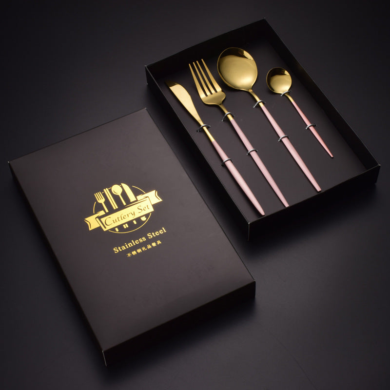 Stainless Steel Dinnerware Set Black Gold Cutlery Spoon Fork Knife Western Cutleri Gift Box Supplies Silverware Tableware Set Larnt