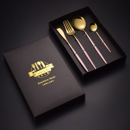 Stainless Steel Dinnerware Set Black Gold Cutlery Spoon Fork Knife Western Cutleri Gift Box Supplies Silverware Tableware Set Larnt