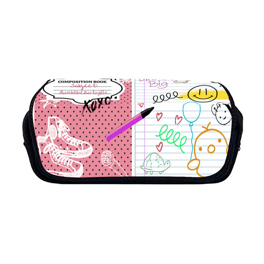 Double Flap Pencil Case｜Oxford Fabric -Back to School, Composition Notebook Style, Doodles, Scribbles, Writing, Girl, Pink (Designed by Dunbi)