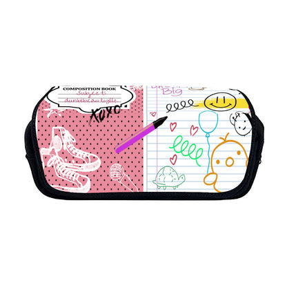 Double Flap Pencil Case｜Oxford Fabric -Back to School, Composition Notebook Style, Doodles, Scribbles, Writing, Girl, Pink (Designed by Dunbi)