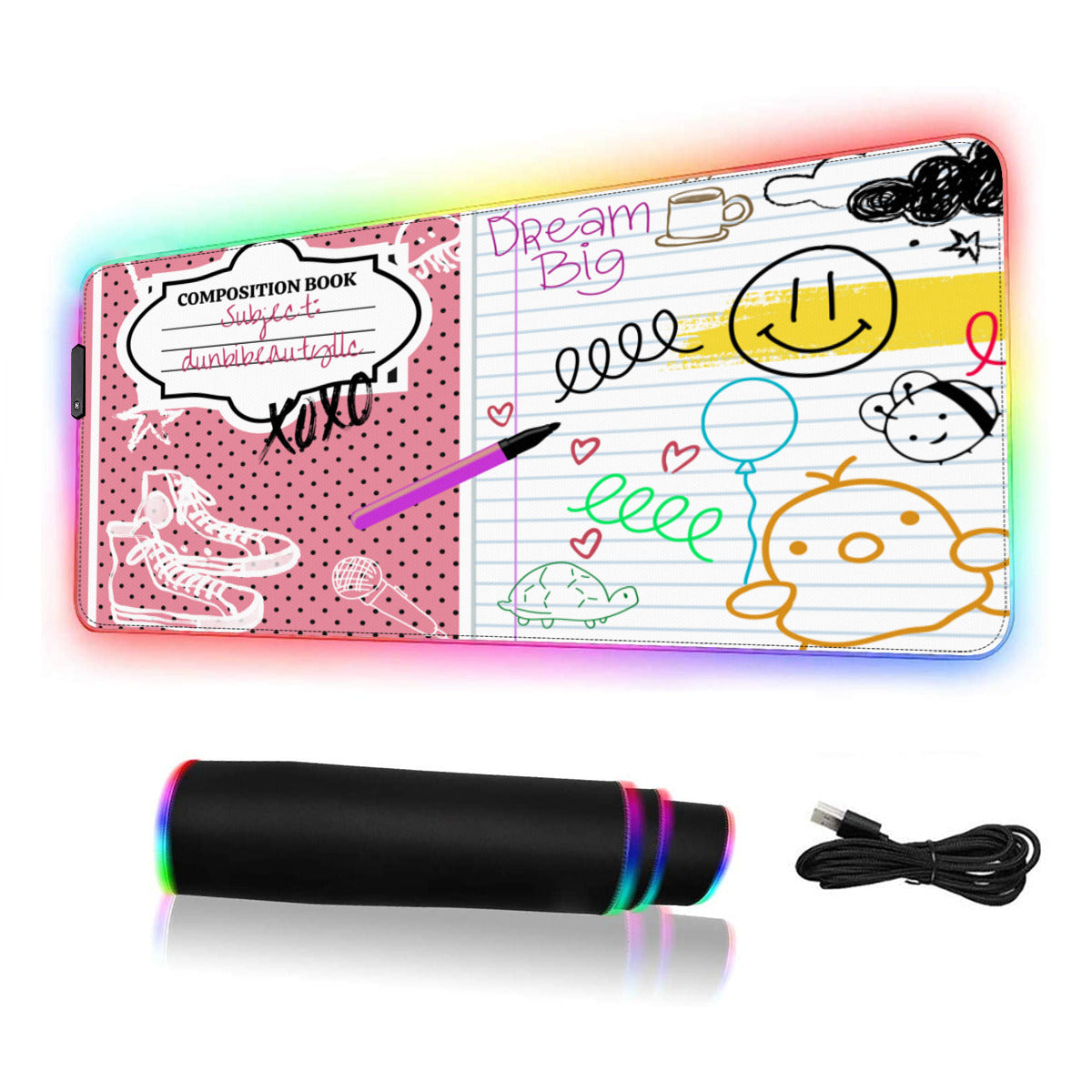 Multi-Interface Lighted Mouse Pad｜Rubber -Back to School, Composition Notebook Style, Doodles, Scribbles, Writing, Girl, Pink (Designed by Dunbi)