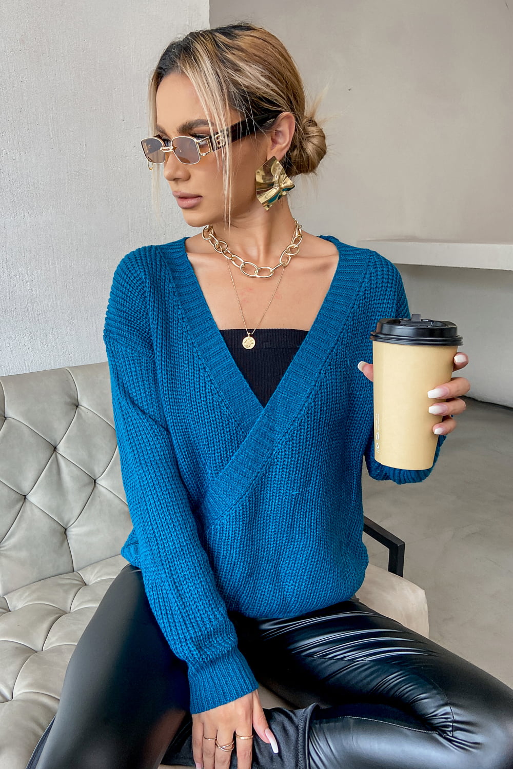 Surplice Neck Dropped Shoulder Sweater