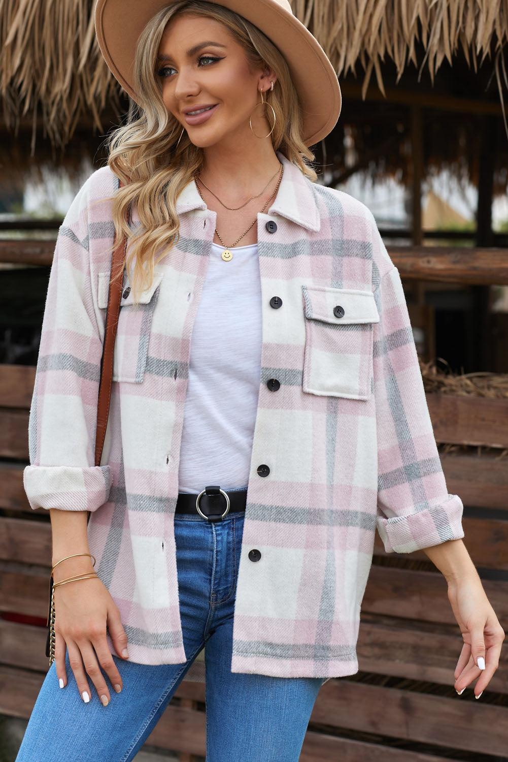 Plaid Dropped Shoulder Pocket Shacket Trendsi