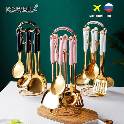 6/7PC Cookware Kitchenware Set Nordic Style Luxury Stainless Steel Ceramic Handle Cooking Utensils kitchen Tools Accessories - DunbiBeauty, LLC