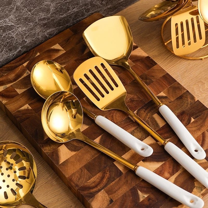 6/7PC Cookware Kitchenware Set Nordic Style Luxury Stainless Steel Ceramic Handle Cooking Utensils kitchen Tools Accessories - DunbiBeauty, LLC