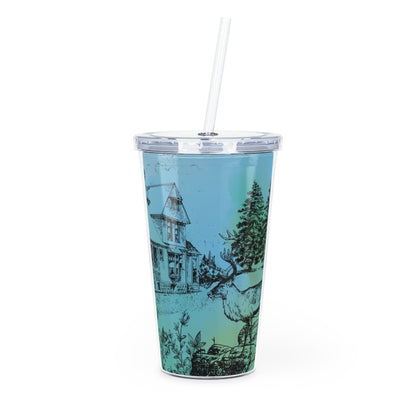 There's a Deer in the Garden Plastic Tumbler with Straw Printify