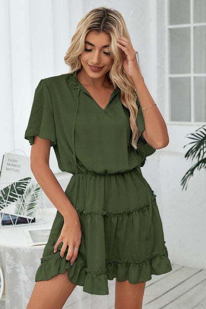 Tie Neck Frill Trim Short Sleeve Mini Dress