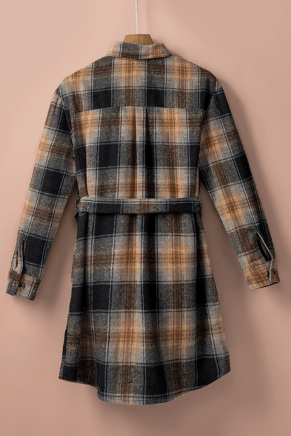 Plaid Chest Pocket Shirt Mini Dress With Belt Kiwidrop