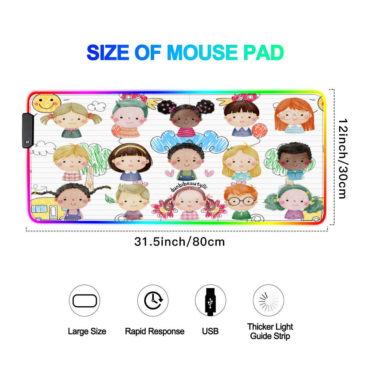 Multi-Interface Lighted Mouse Pad｜Rubber -Kids, Notebook, Rocket, Sun, Smiley, School Bus, Tree, Flowers, Hearts, Clouds, Nature, Children, Boys, Girls, Friendship (Designed by Dunbi)