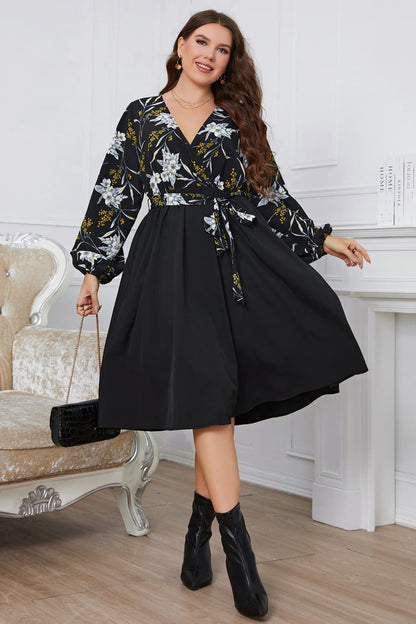 Plus Size Floral Print Surplice Neck Tie Belt Midi Dress