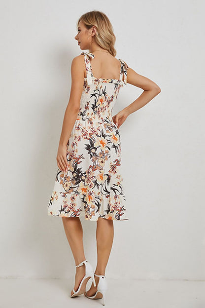 Floral Tie Shoulder Smocked Ruffle Hem Dress