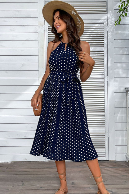 Polka Dot Tie-Waist Sleeveless Midi Dress Trendsi