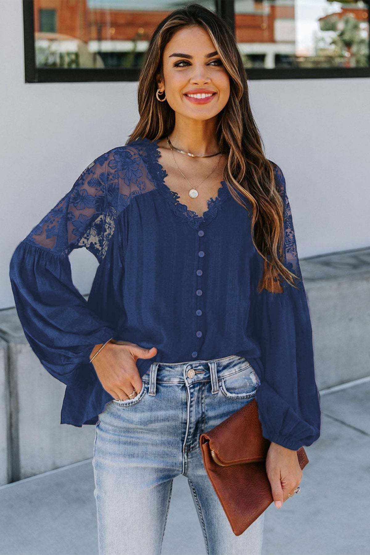 V Neckline Lace Shoulder Patchwork Blouse Kiwidrop