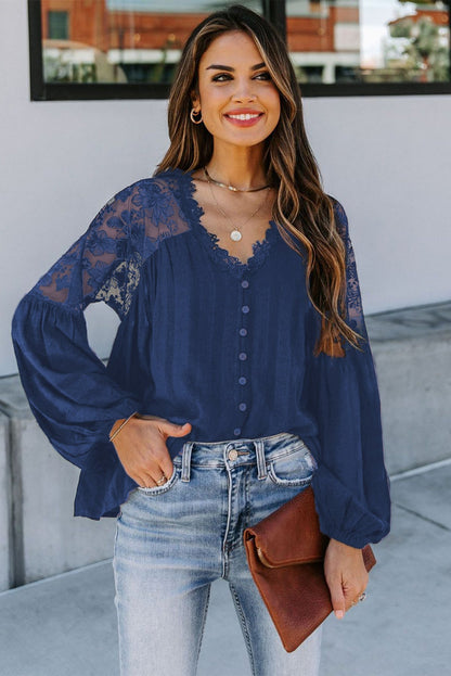 V Neckline Lace Shoulder Patchwork Blouse Kiwidrop