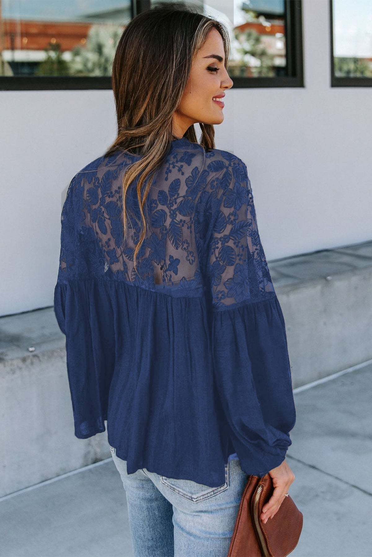 V Neckline Lace Shoulder Patchwork Blouse Kiwidrop