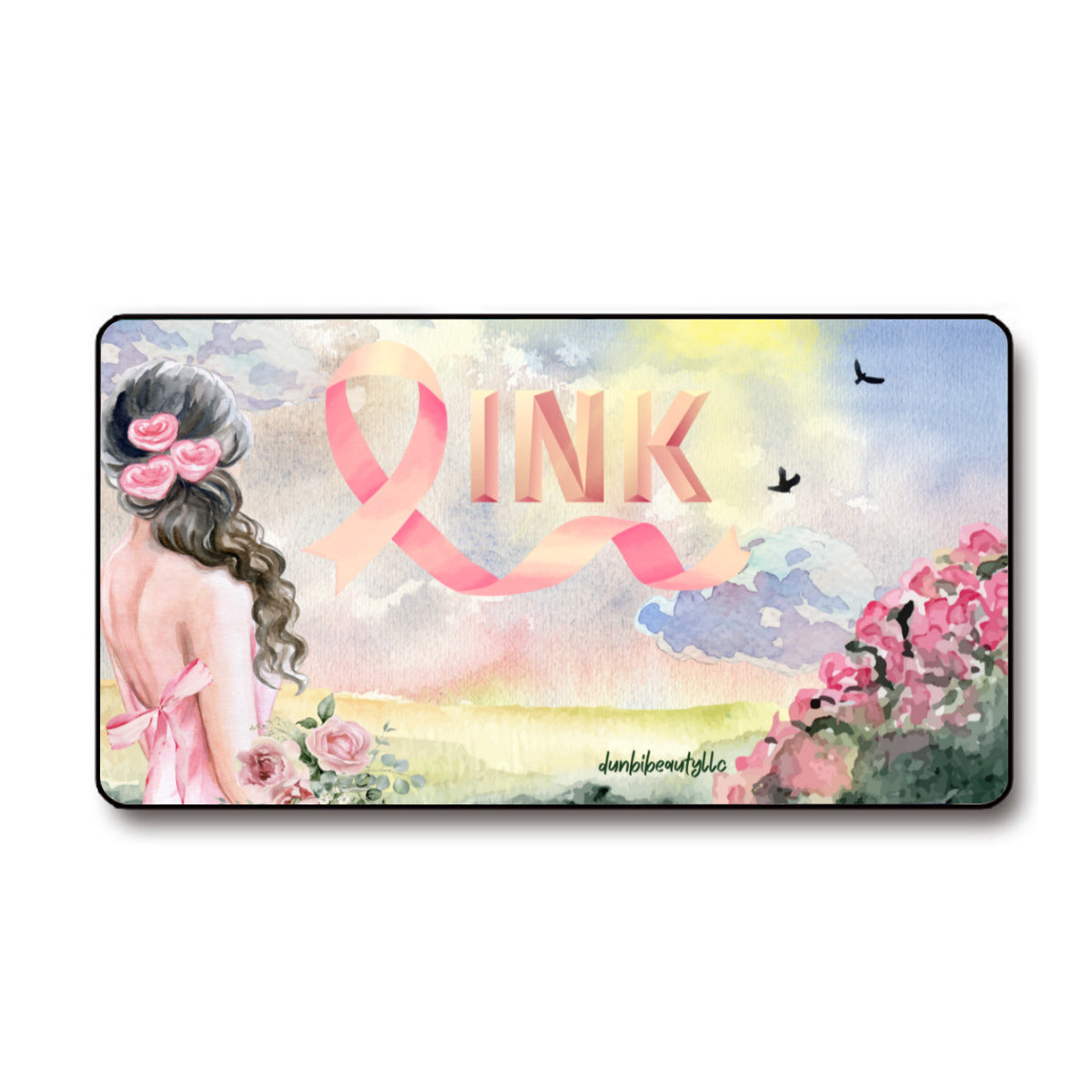 Black Lock Edge Mouse Pad (16×30inch)｜Polyester -Pastel Pink, Breast Cancer Awareness, Open Field, Day, Birds, Flowers, Bows and Ribbons, Watercolor Sunlight (Designed by Dunbi)