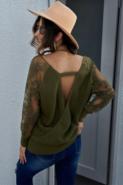 Sexy V Neck Surplice Hollow-Out Sweater With Lace Sleeves Kiwidrop