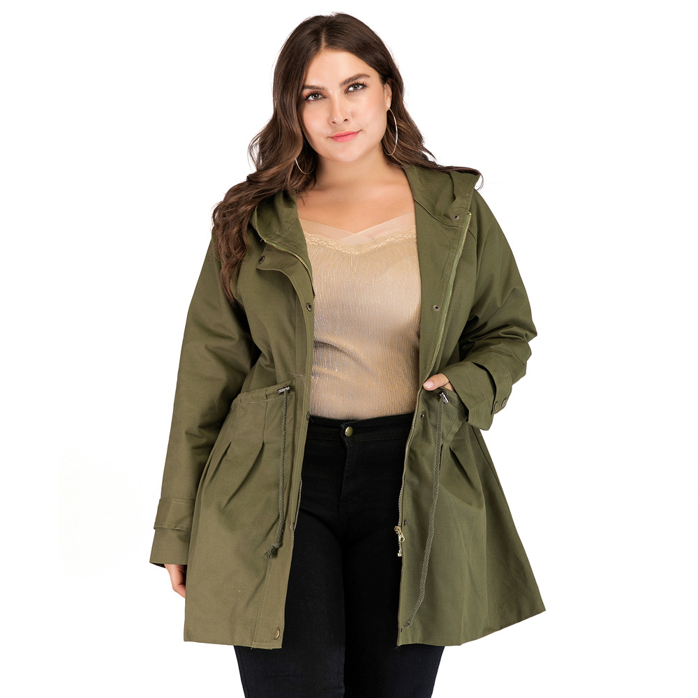 Plus Size Army Green Drawstring Hooded Trench Coat Kiwidrop