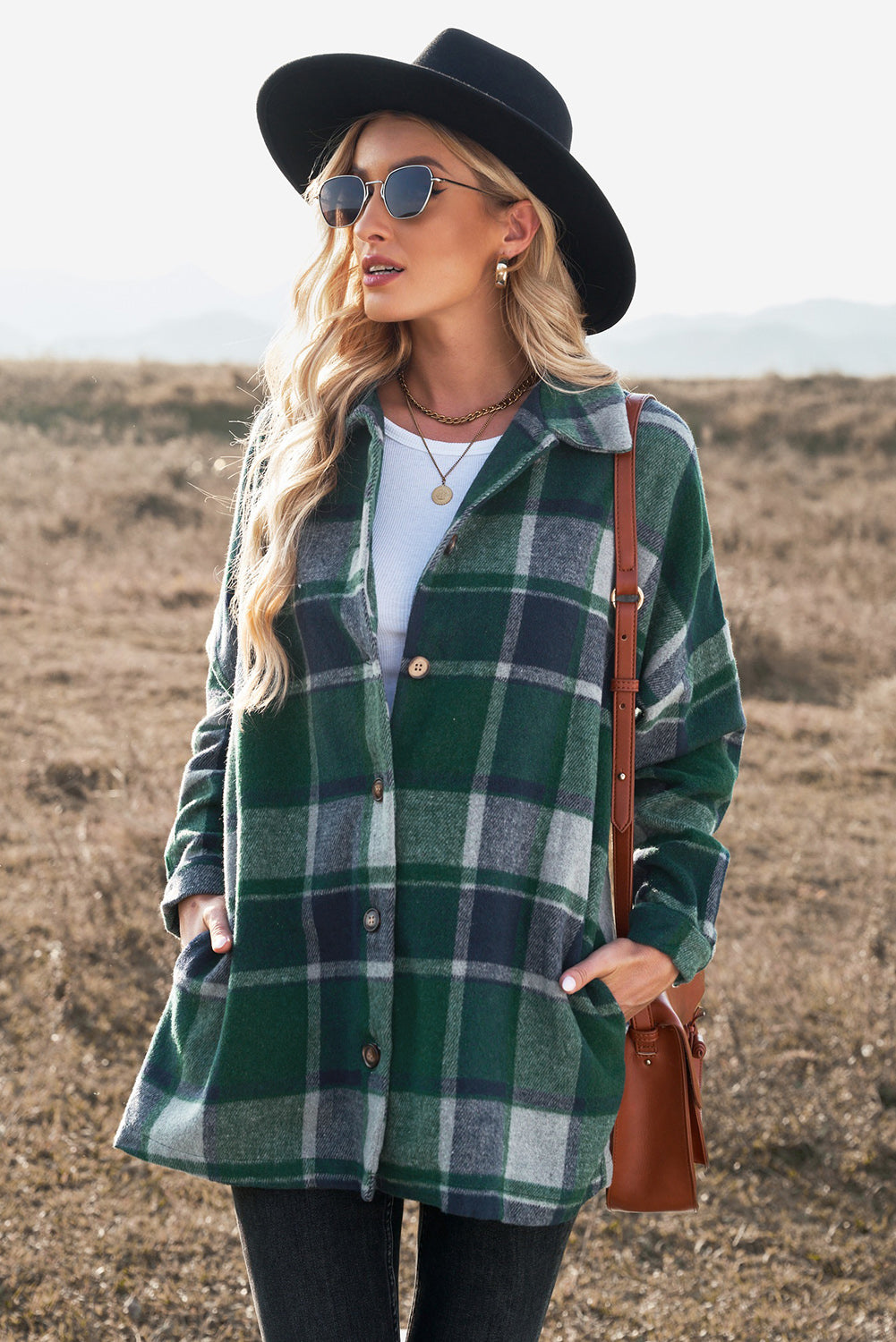 Plaid Print Buttoned Shirt Jacket Kiwidrop