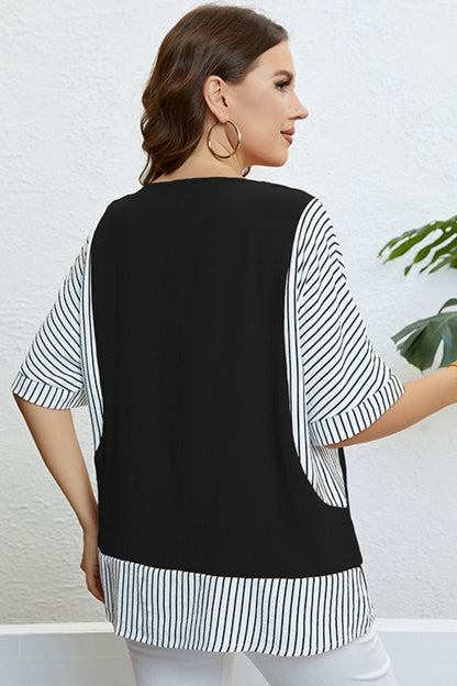 Plus Size Striped Round Neck Half Sleeve Top