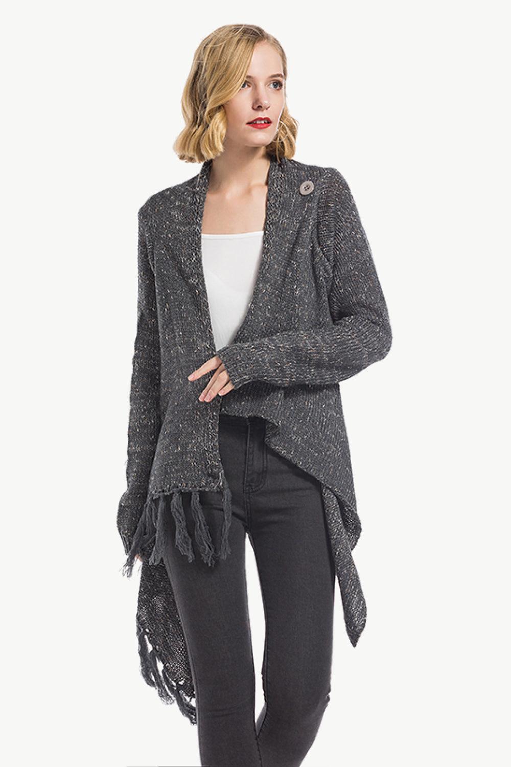 One-Button Tassel Tie Asymmetrical Hem Cardigan Trendsi