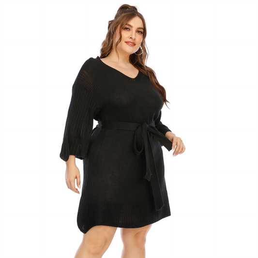 Plus Size V-Line Asymmetrical Women's Belted Dress Kiwidrop