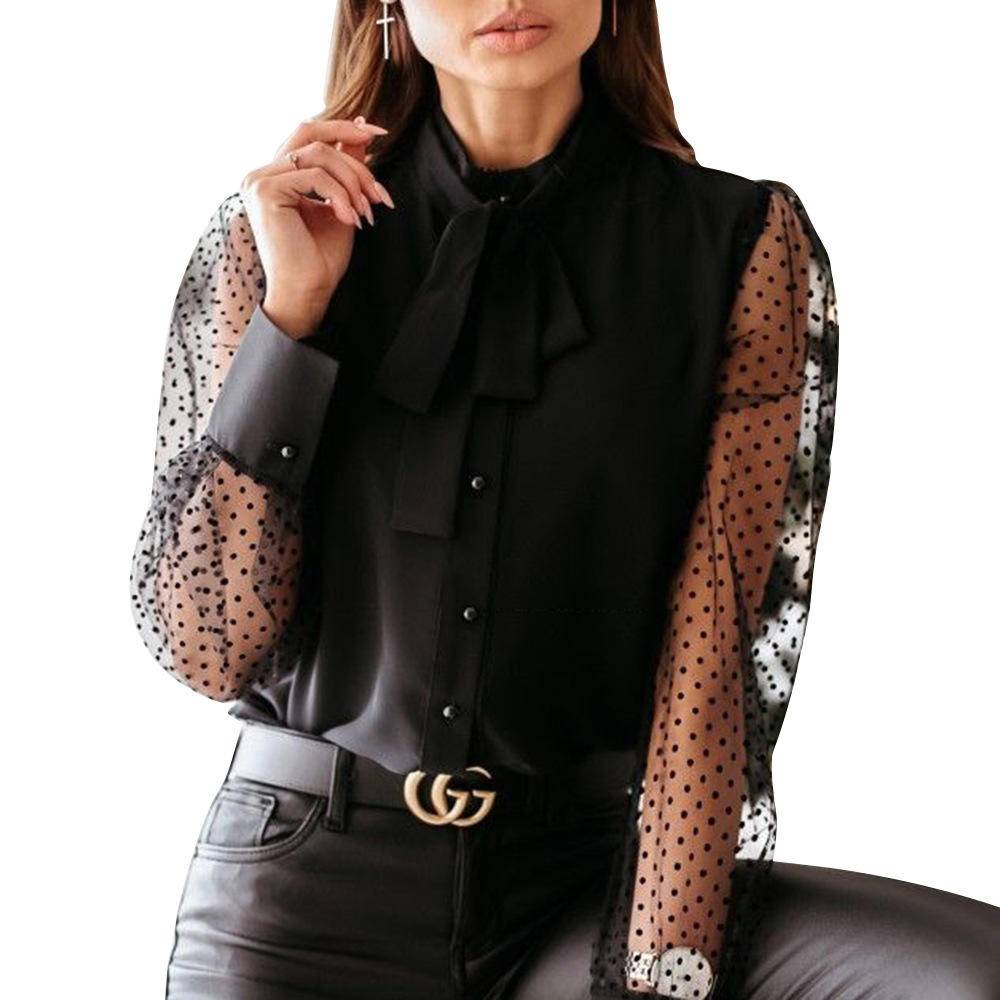 Polka Dot Mesh Sleeve Tie Shoulder Shirt