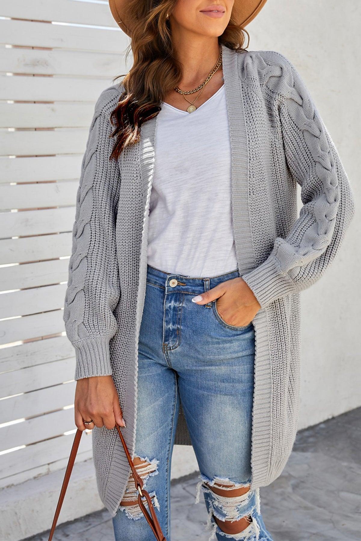 Open Front Cable Sleeve Long Cardigan Kiwidrop