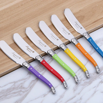 6pcs Laguiole Butter Knife Cheese Spreader Spatula Rainbow Plastic Handle Cheese Slicer Cutter Stainless Steel Kitchen Utensils - DunbiBeauty, LLC