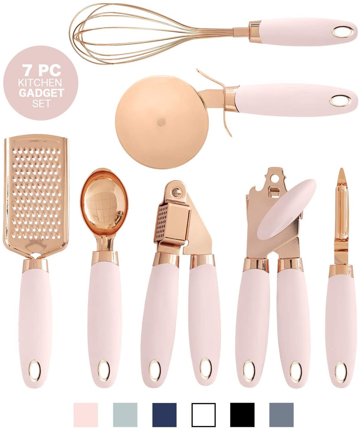 7 Pc Kitchen Set Copper Coated Utensils Set Stainless Steel Utensils Kitchen Gadget Ice Cream Scoop Peeler Garlic Press Cheese Grater Whisk - DunbiBeauty, LLC