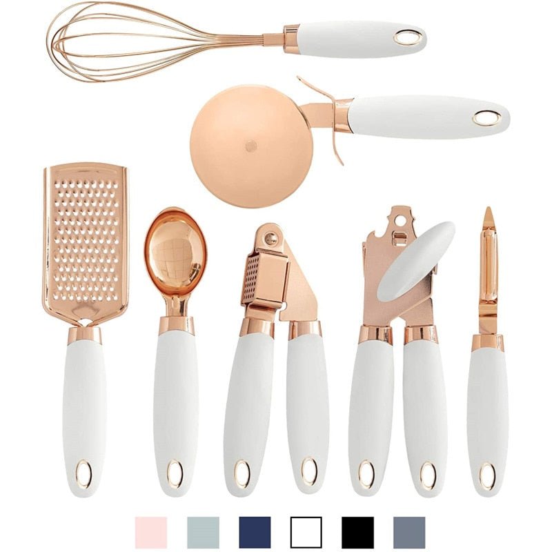 7 Pc Kitchen Set Copper Coated Utensils Set Stainless Steel Utensils Kitchen Gadget Ice Cream Scoop Peeler Garlic Press Cheese Grater Whisk - DunbiBeauty, LLC