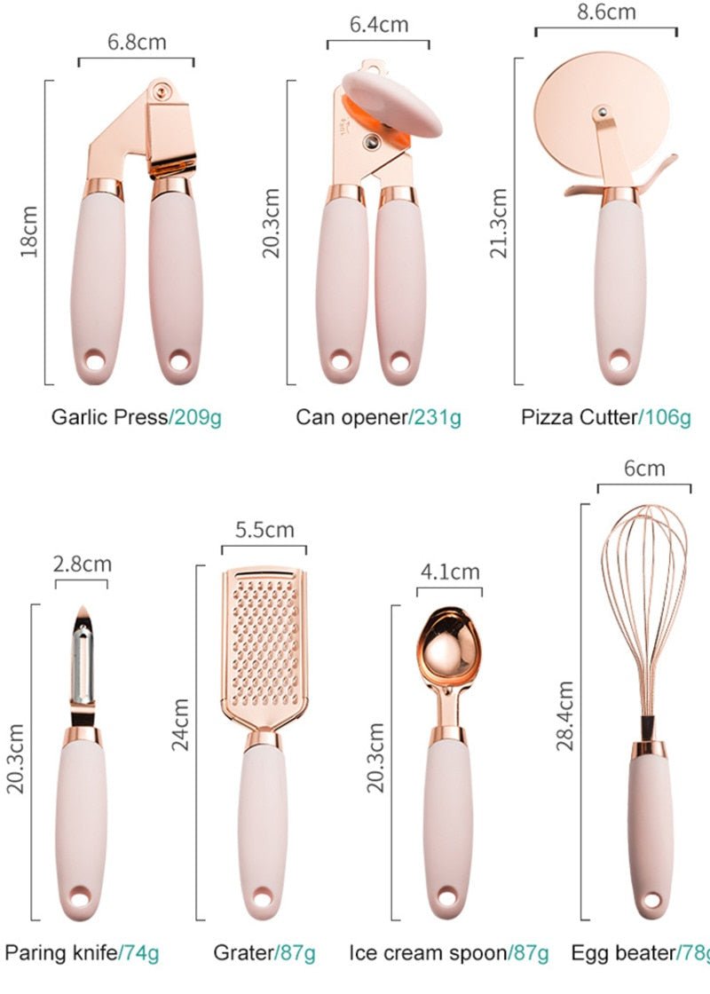 7 Pc Kitchen Set Copper Coated Utensils Set Stainless Steel Utensils Kitchen Gadget Ice Cream Scoop Peeler Garlic Press Cheese Grater Whisk - DunbiBeauty, LLC