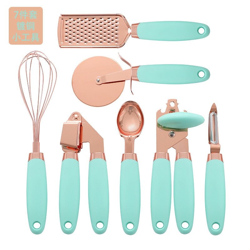 7 Pc Kitchen Set Copper Coated Utensils Set Stainless Steel Utensils Kitchen Gadget Ice Cream Scoop Peeler Garlic Press Cheese Grater Whisk - DunbiBeauty, LLC