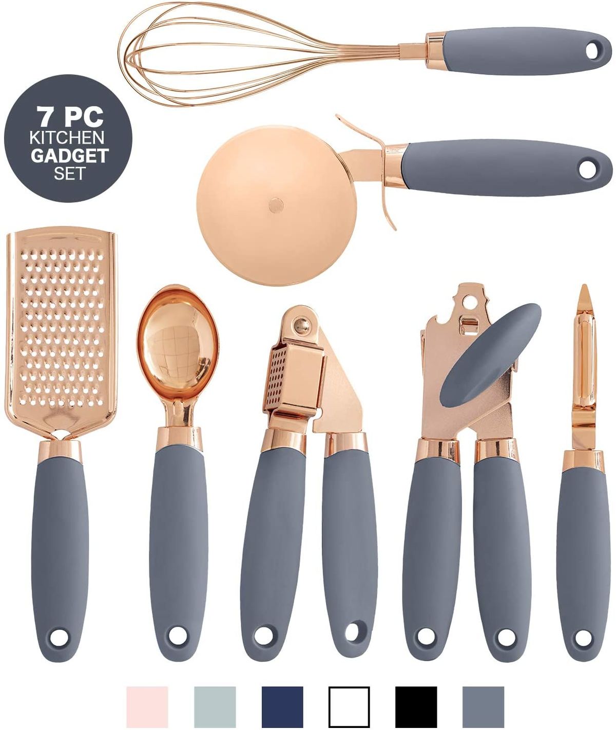 7 Pc Kitchen Set Copper Coated Utensils Set Stainless Steel Utensils Kitchen Gadget Ice Cream Scoop Peeler Garlic Press Cheese Grater Whisk - DunbiBeauty, LLC