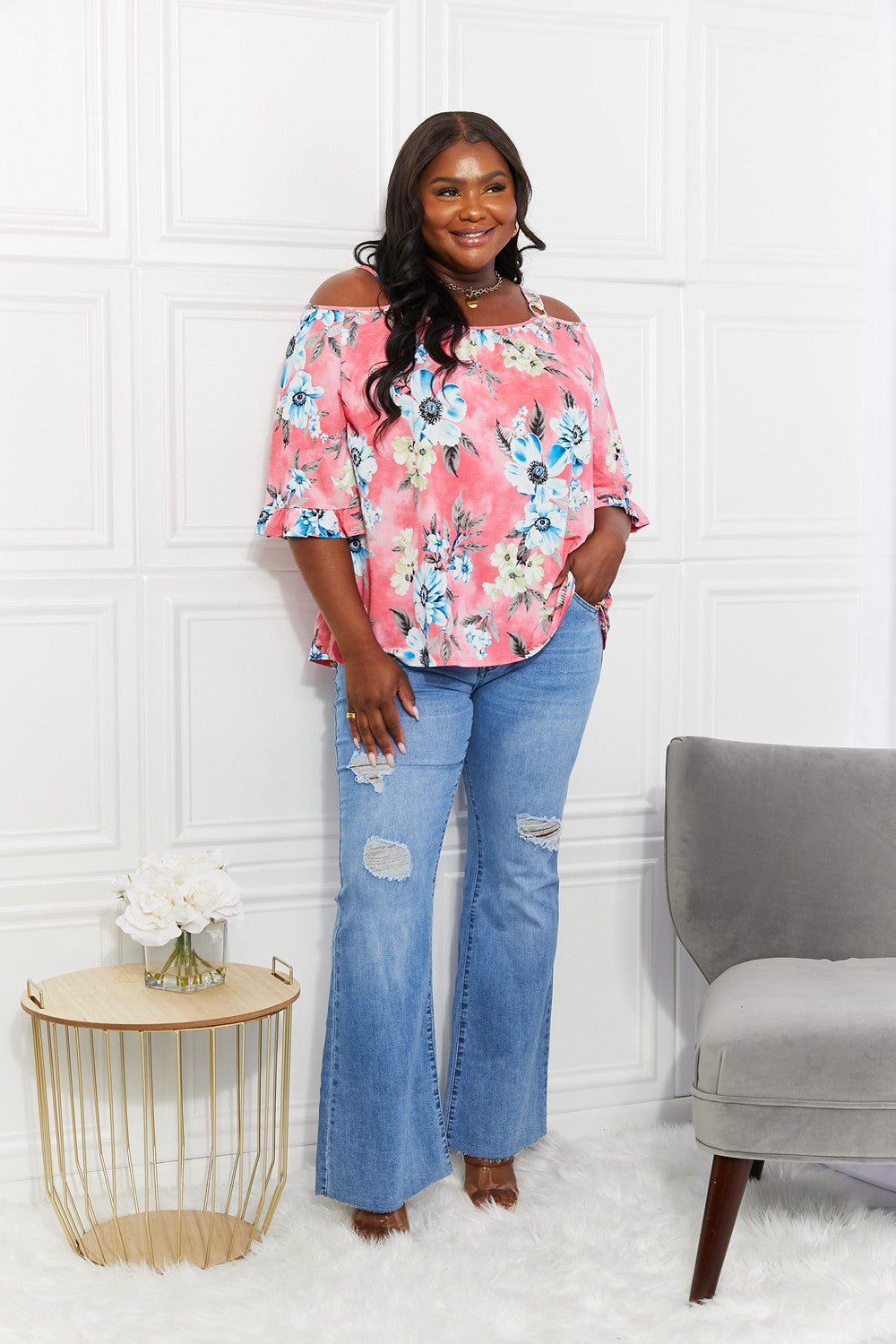 Sew In Love Full Size Fresh Take  Floral Cold-Shoulder Top