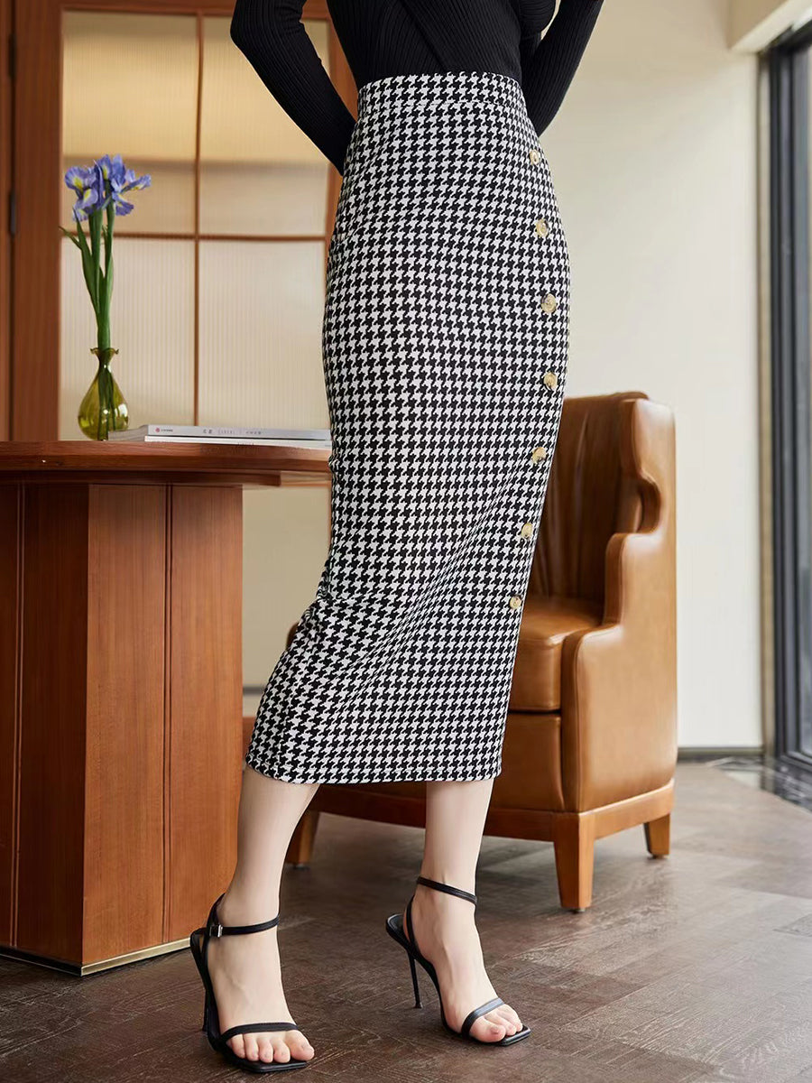 Houndstooth Decorative Button Slit Midi Skirt