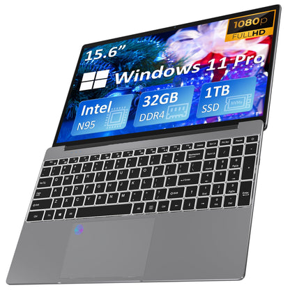 Auusda Business Laptop Computers, 32GB DDR4 RAM, 1TB M2 PCIe NVMe SSD ROM, 2-3.4 GHz Intel N95 CPU, 15.6" FHD IPS LCD Screen, Backlight Keyboard, Fingerprint Reader, Mini HDMI, USB-A, Windows 11 Pro