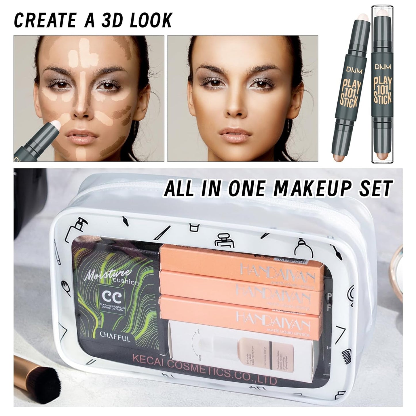 YBUETE All in One Makeup Kit Set for Women, Makeup Gift for Women Teen Girl, Eyeshadow Foundation CC Cream Face Primer, Makeup Brush Sponge, Lipstick, Eyebrow Soap Pencil Mascara Eyeliner Cosmetic bag