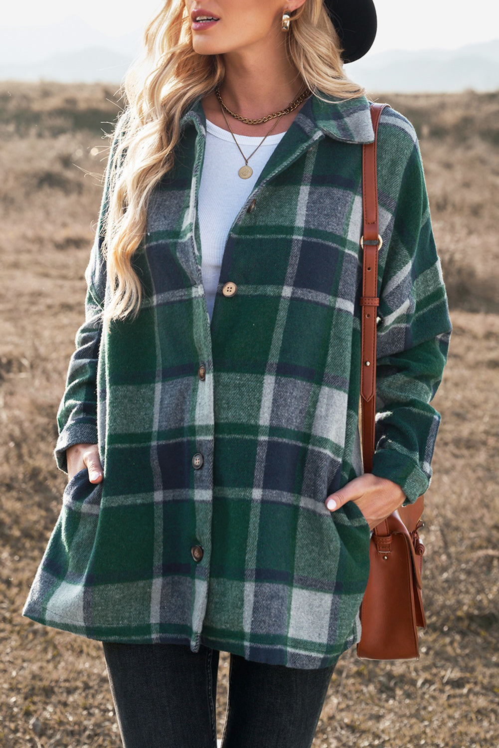 Plaid Print Buttoned Shirt Jacket Kiwidrop