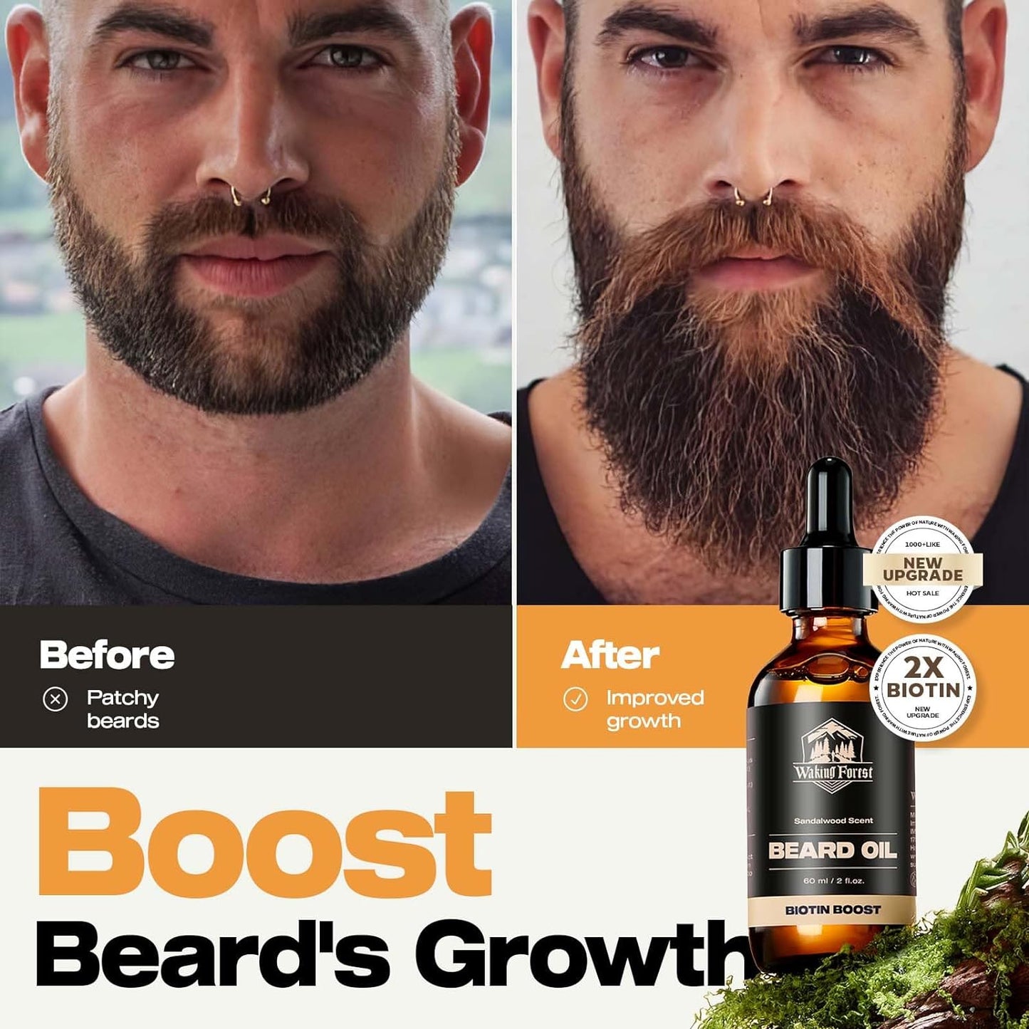 Waking Forest Biotin Beard Oil, [Bitoin Boost Beard] Beard Oil for Men Growth 2oz Sandalwood Scent Gifts for Men All Natural with Rosemary, Castor, Almond, Vitamin B7