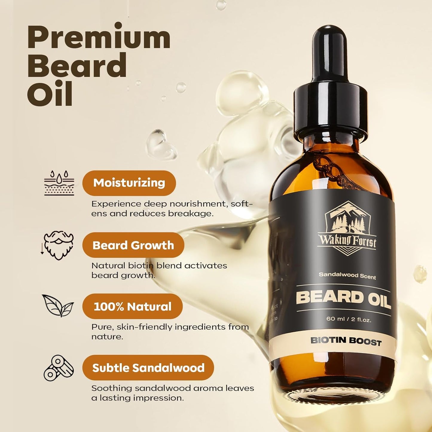 Waking Forest Biotin Beard Oil, [Bitoin Boost Beard] Beard Oil for Men Growth 2oz Sandalwood Scent Gifts for Men All Natural with Rosemary, Castor, Almond, Vitamin B7