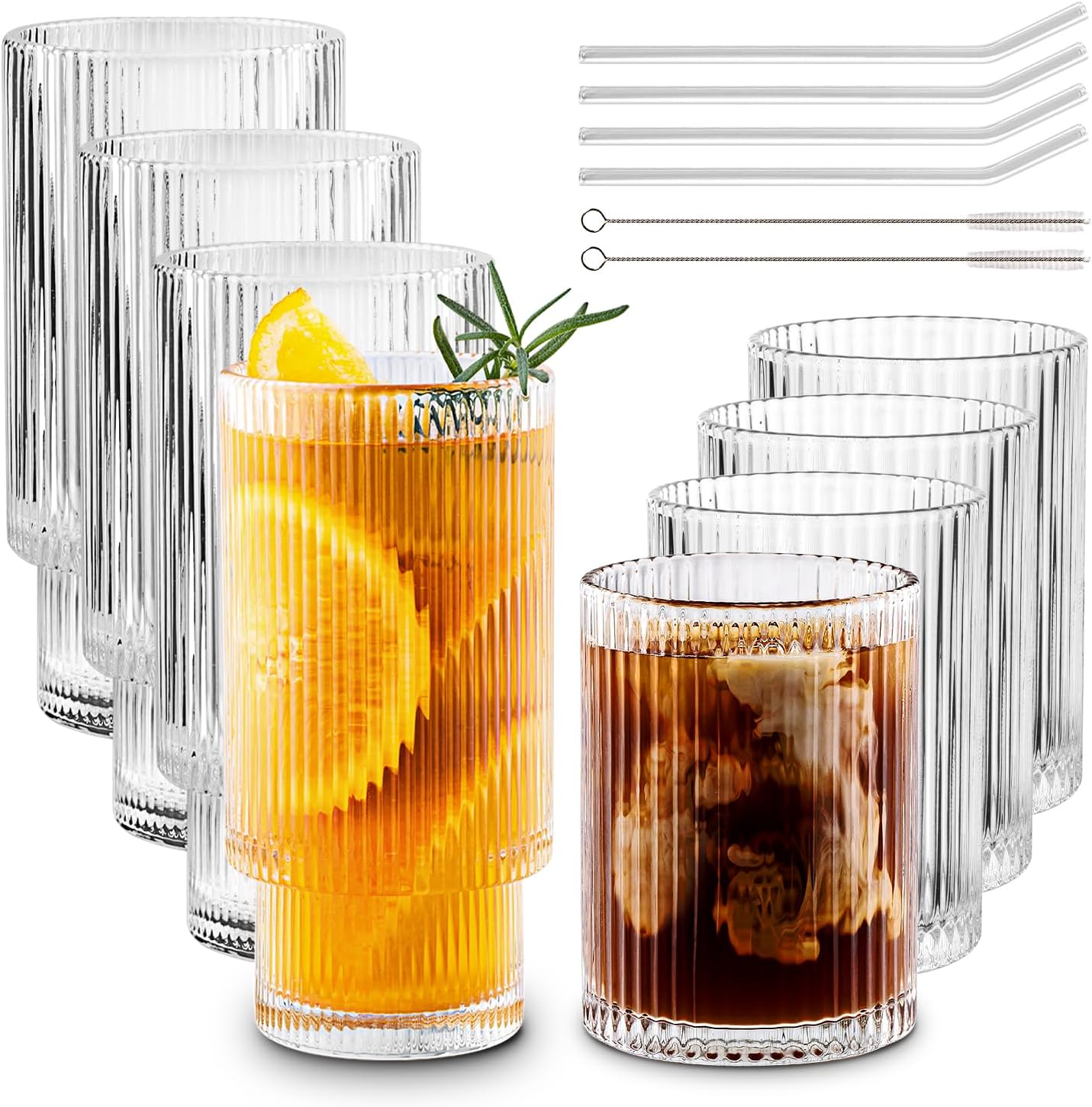 Gracenal 12oz Ribbed Glass Cups with Straws