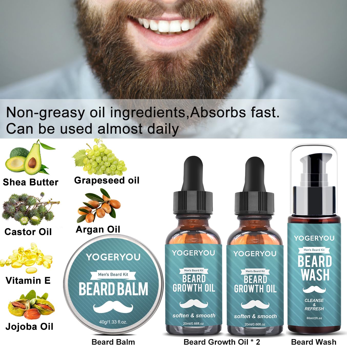 Kit de aseo para barba, kit de aseo para barba con maquinilla de afeitar recta, paquete de 2 unidades de aceite de barba, lavado de barba, bálsamo, cepillo, peine, tijeras, regalos de cumpleaños para hombres, novio, marido, kit de afeitado para moldear la