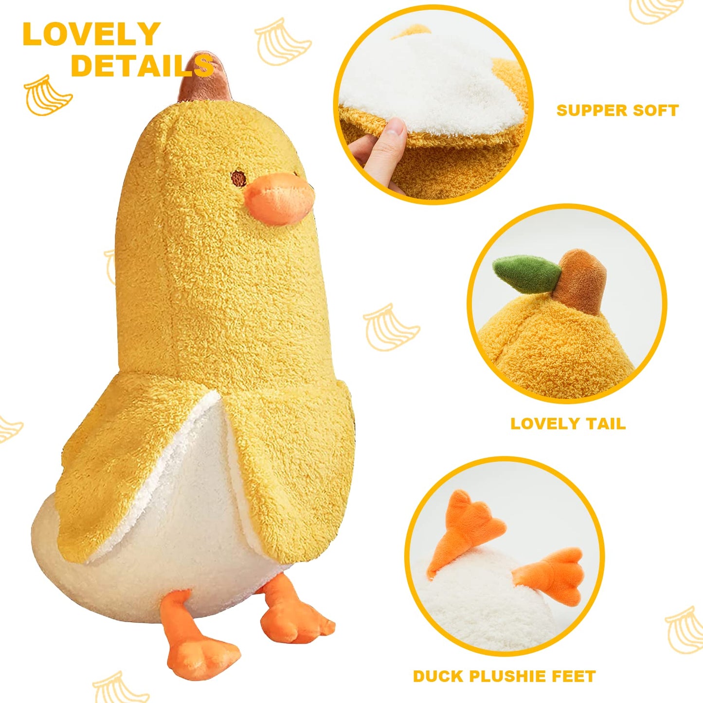 PEACH CAT Banana Duck Plush Toy Cute Plushie Hugging Plush Pillow Duck Stuffed Animal for Girls and Boys White 12"