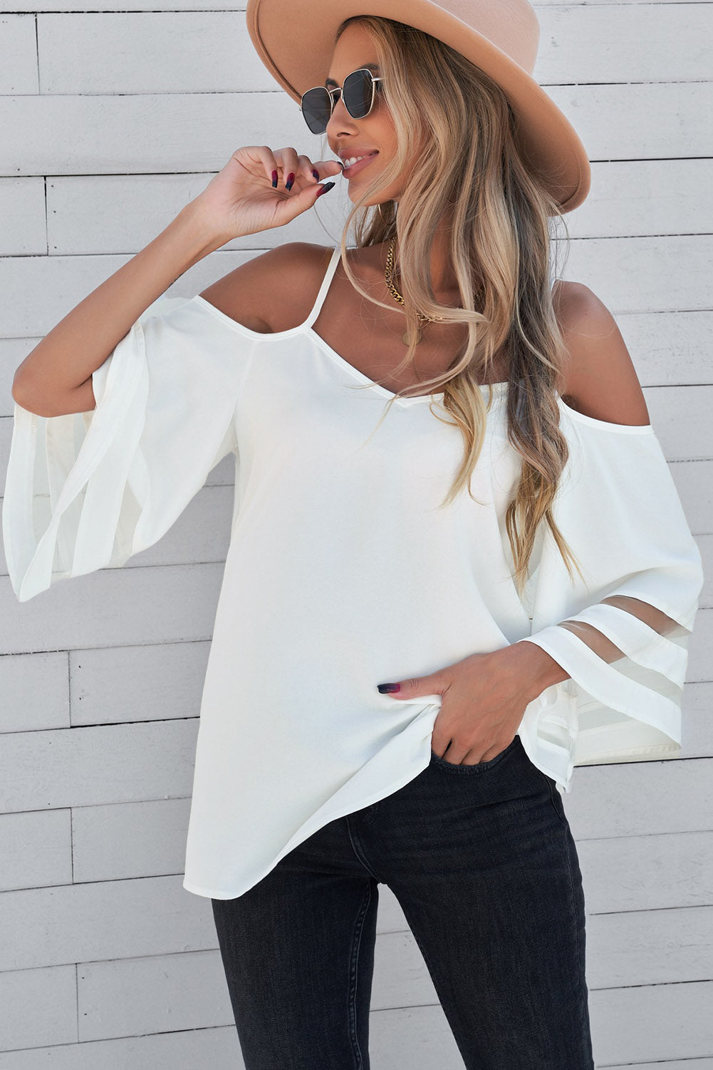 Spaghetti Straps Cold Shoulder Mesh Insert Bell Sleeve Blouse Kiwidrop